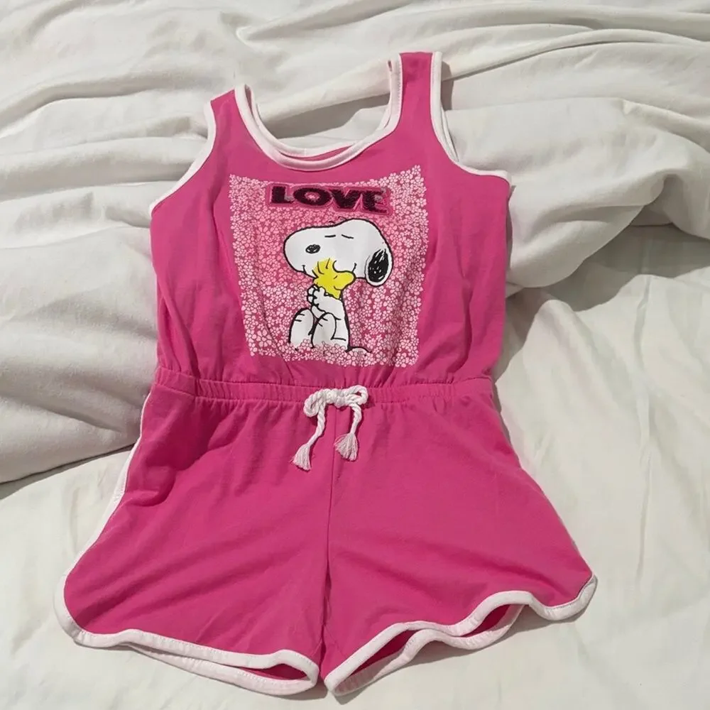 365 Kids 7 Pink Snoopy hot pink sequined Love Romper elastic waist bow detail